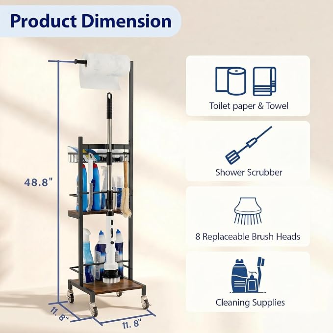 Cleaning Supplies Organizer, Shower Scrubber Cleaning Cart for Electric Spin Scrubber, Brush Heads, Cleaning Caddy with Wheels for Kitchen Laundry Room Organization(Black)