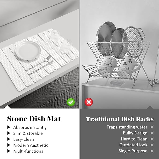 Large Stone Dish Drying Mats for Kitchen Counter, 24"(L)×16"(W) Ripple - Pattern, Fast Drying Collapsible Dish Drying Mat, Eco-Friendly Absorbent Diatomaceous Earth Mats for Match Any Countertop