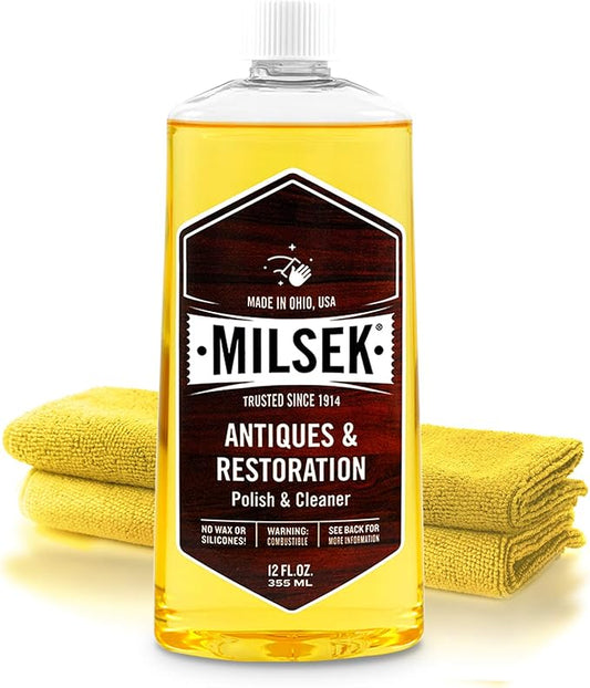 Milsek Antiques & Restoration Polish with Lemon Oil & Microfiber Cleaning Towel, 12-Ounce, ART-1, Yellow, Antique Cleaner & Cloth
