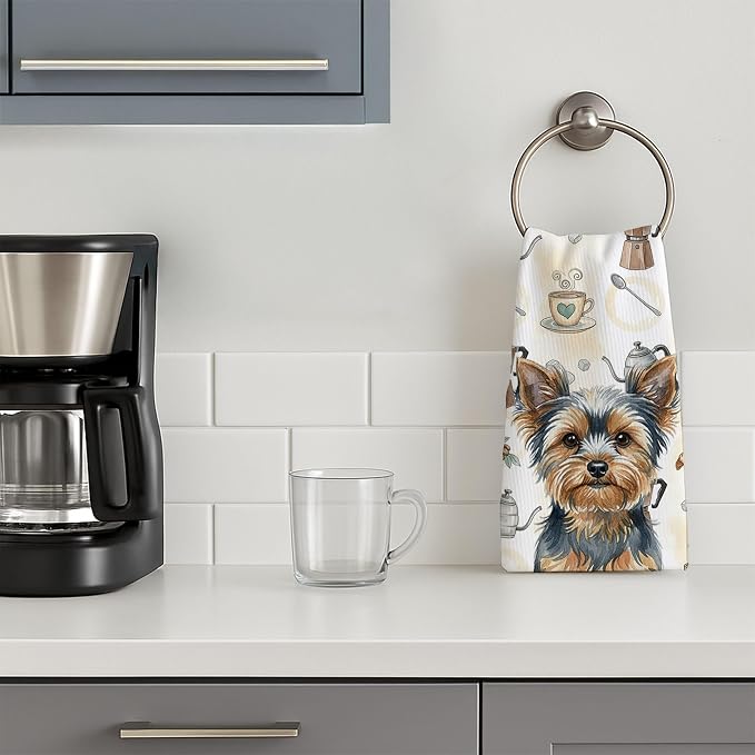 Caroline's Treasures Blue and Tan Yorkshire Terrier Coffee Bar Kitchen Towel Velour Plush Front and Cotton Loop Back Machine Washable