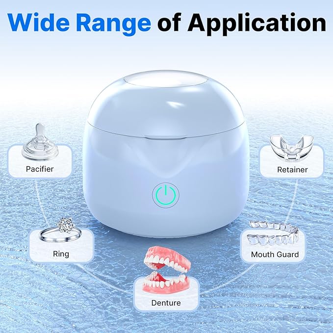 CXRUY Ultrasonic Retainer Cleaner - UV Dental Cleaning Pod Night Guard Cleaner for Dentures, Aligner, Braces, Toothbrush Heads, Jewelry (Blue)