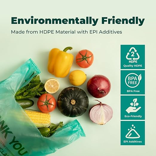 FMP Brands 500 Count Eco Biodegradable Plastic Grocery Bags with Handles, Reusable T-Shirt Thank You Shopping Bags Bulk for Small Business, Restaurant, Groceries, Supermarket