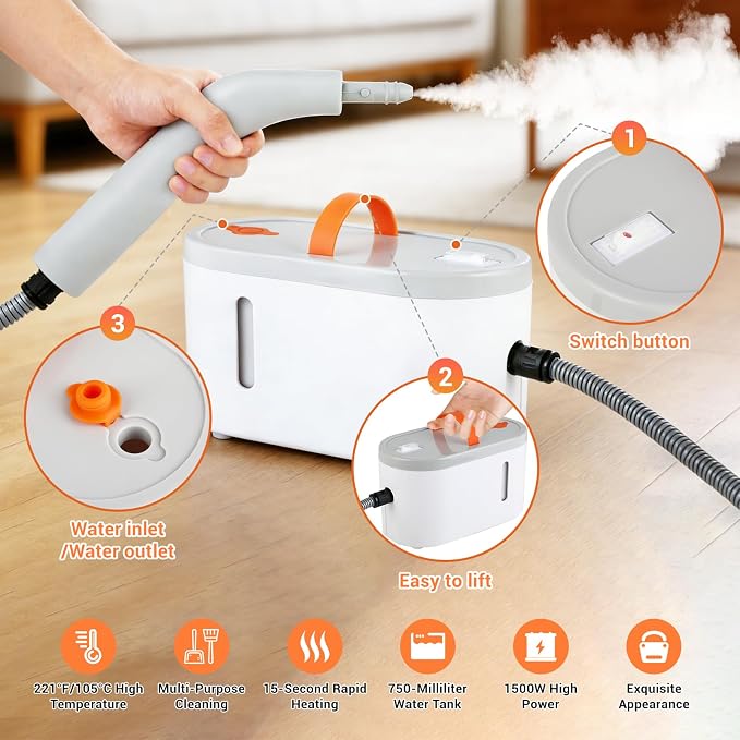 Steam Cleaner for Home,Portable Handheld Steamer for Cleaning With 15s Heat-Up, 750 Ml Water Tank,Comes With 9 Accessories To Clean Grease, Car Rims And Interiors, Tile Grout, Tiles, and Floors