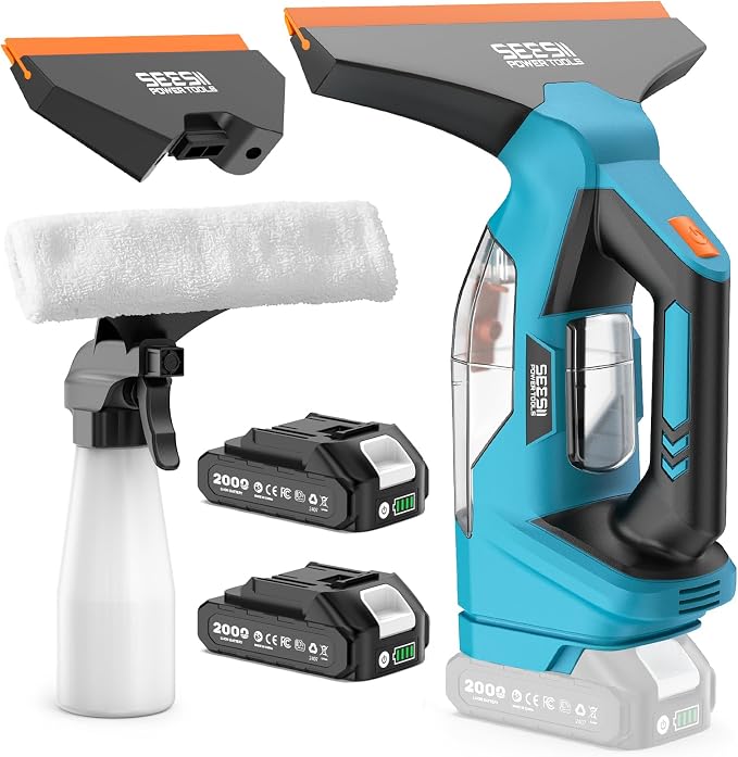 SEESII Cordless Window Vacuum Squeegee, 2000Pa Electric Window Squeegee, 120Mins Battery Life with 11" and 6.7" Squeegees for Mirrors, Glass, Tiles