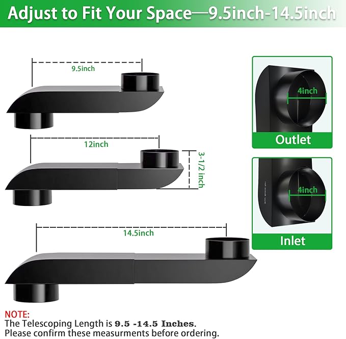 Stainless Steel Adjustable Periscope Dryer Vent Kit (9.5-14.5") - Low Profile 4 Inch Telescoping Duct for Tight Spaces - Flat & Slim Universal Fit for Whirlpool- Fire-Safe Offset Design