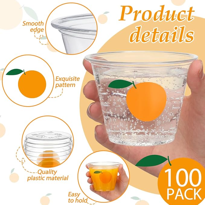 LemonRoad 100 Sets Little Cutie Disposable Plastic Cups Bulk with Lids Straws 9 oz Orange Clear Plastic Cups Tangerine Cold Hot Drinking Container for Baby Shower Birthday Daily Holiday Party Supplies