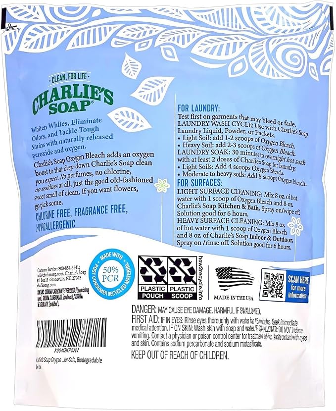 Charlie’s Soap Laundry Essentials Variety Pack – Oxygen Bleach (4 lb) + Laundry Powder Detergent (300 Loads) – Natural Laundry Booster for Stains, Odors & Bright Whites – Fragrance Free,