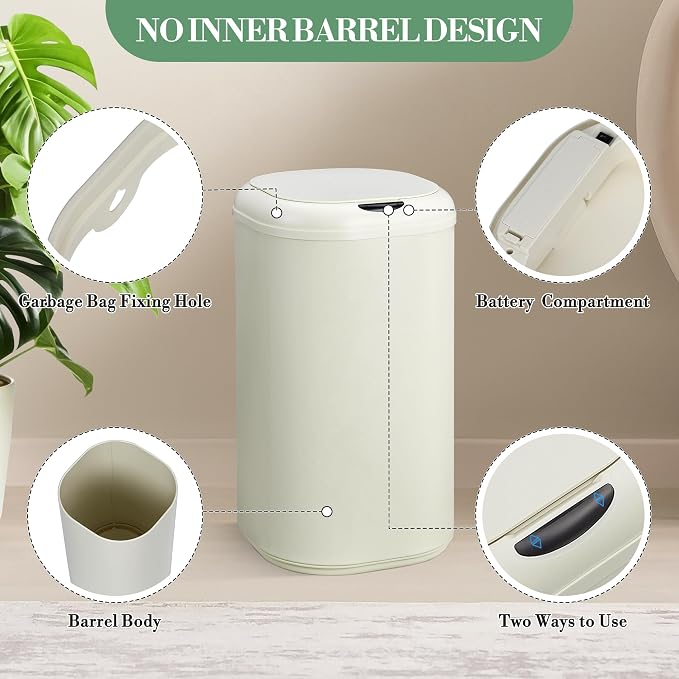 8 Gallon Automatic Sensor Kitchen Trash Can, Motion Sensor Garbage Bin, 30 Liter Touchless Smart Stainless Steel Waste Can with Lid for Bathroom Bedroom Office, Cream White