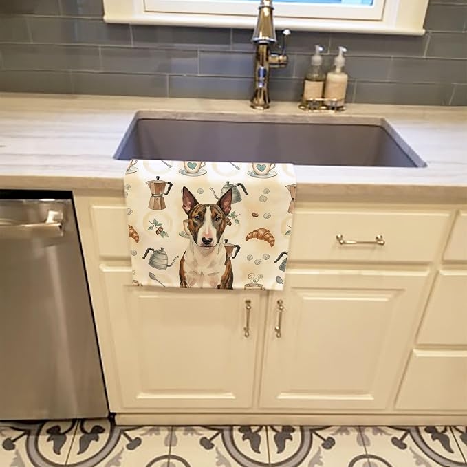 Caroline's Treasures Brindle and White Bull Terrier Coffee Bar Kitchen Towel Velour Plush Front and Cotton Loop Back Machine Washable