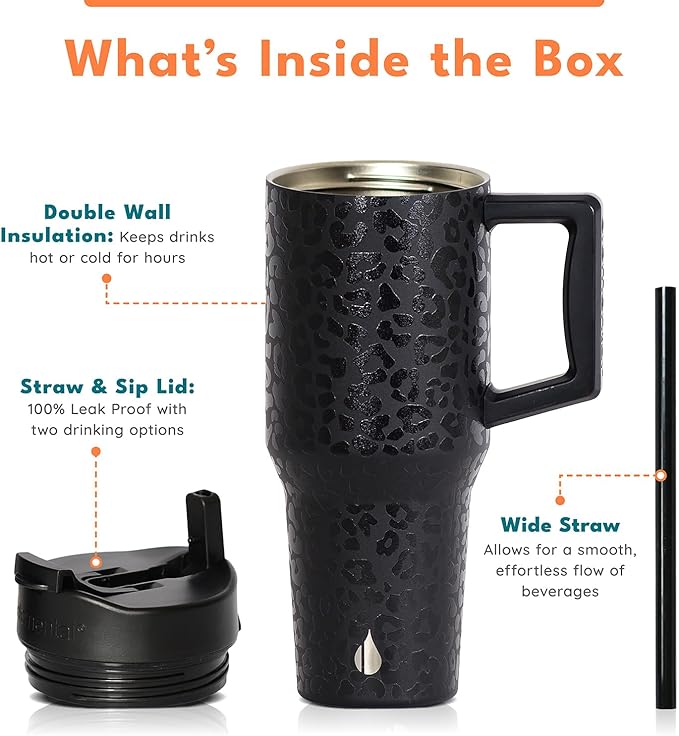 Elemental 32 oz 100% Leak Proof Tumbler with Handle & Straw - Stainless Steel Double Wall Insulated Tumbler for Hot and Cold Beverages - Travel Coffee Mug with Sip & Straw Lid - Black Leopard