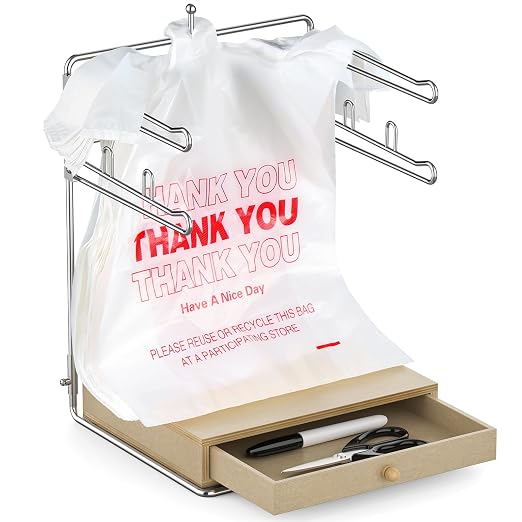 Plastic Grocery Bag Holder, Chrome T-Shirt Bag Rack, Plastic Bag Organizer with Wooden Drawers Base for Grocery Store, Supermarket, Restaurant, Business (Brown)