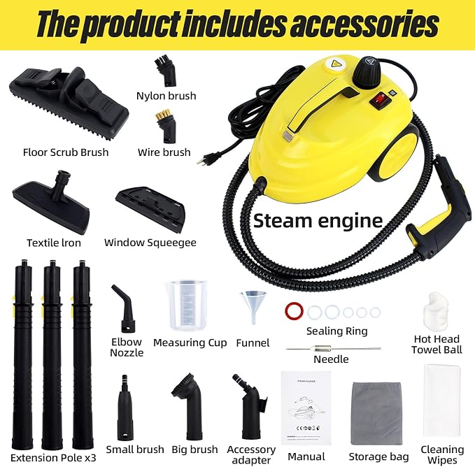 Rolling Steam Cleaner for Floors & Cars, 1800W Portable Steam Cleaner with 2.0L Tank & 5m Cord,Multi-Scenario Cleaner for Home, Car, Kitchen, Bathroom, Tile, Grout, Carpet
