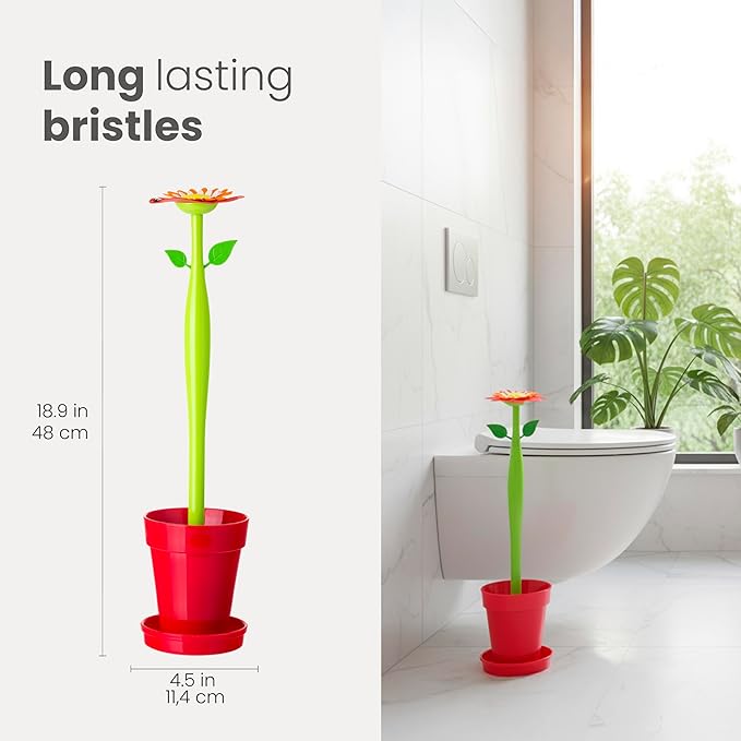 Vigar Flower Power Toilet Brush and Holder Set, Toilet Bowl Cleaner with Daisy-Shaped Handle, Flowerpot Base and Saucer, for House and Bathroom, Red