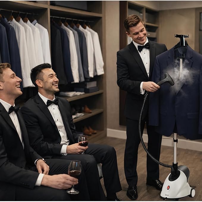 SALAV GS18 Full-Size Clothes Steamer - 1500W Power, 1.8L Water Tank, 60-Min Garment Steam, Iron Clothing, Adjustable Pole & Wheels for Easy Storage, Professional Standing Steamer for Clothes, White
