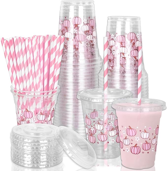 JarThenaAMCS 50Pcs Fall Plastic Cups with Lids and Straws 12oz Party Cups Pink White Pumpkin Disposable Cold Beverage Drinking Cup for Autumn Thanksgiving Party Supplies