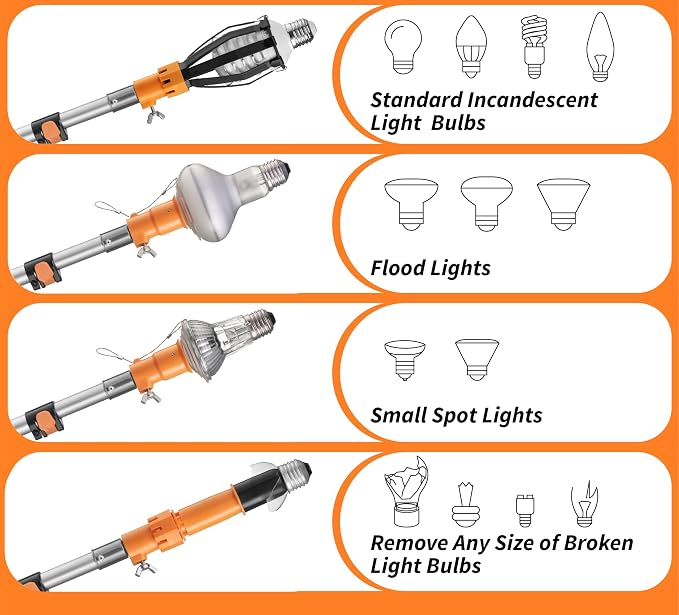 5-24 ft Telescopic Light Bulb Changer for High Ceilings // Light Bulb Remover Tool High Ceilings Kit with Suction Cups, Basket and Microfiber Cloth // 30ft High Reach Light Bulb Changer with Pole