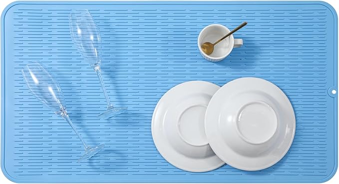 MicoYang Silicone Dish Drying Mat for Multiple Usage,Easy clean,Eco-friendly,Heat-resistant Silicone Mat for Kitchen Counter or Sink,Refrigerator or Drawer Liner Light Blue 3XL 28 inches x 18 inches