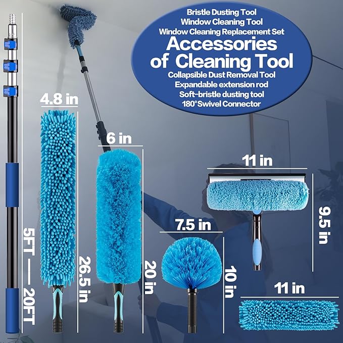 26FT High Reach Duster Cleaning Kit with 5-20 FTExtension Pole, High Ceiling Fan Cleaner Duster Tool for Fan Blades, Extendable Reusable Cobweb, Feather, Window Cleaning Squeegee Kit (20FT)