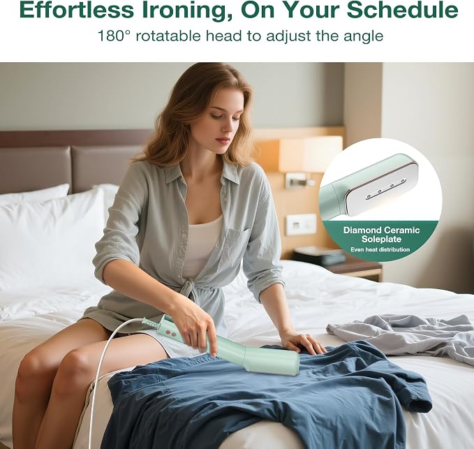 Newbealer 3in1 Travel Iron, 100-240V Clothes Steamer, 2 Steam Levels, Green | Portable for On-the-Go, Heats in 20s, Dry Iron w/ Clamp, 180° Rotatable Head, 360° Leak-Proof, Auto-Off, Self-Cleaning, 90ml