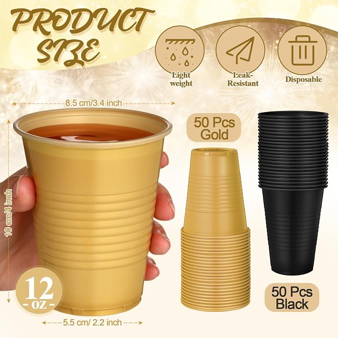 Funnymoom 100 Pcs Black and Gold Plastic Cups, 12 oz Disposable Party Cups for Graduation, Ceremony, Wedding Reception, Birthday Party Supplies