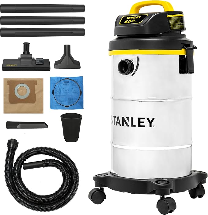STANLEY Wet Dry Vacuum 5 Gallon with 4 HP Powerful Motor Suction,Stainless Steel Shop Vacuum Portable Wet Dry Vac for Jobsite, Workshop, Garage, Basement SL18130