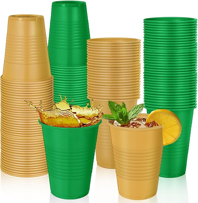 Funnymoom 100 Pcs Green and Gold Disposable Plastic 12 oz Party Drinking Cups Green Gold Graduation Water Beverage Cups for Barbecues Picnics Festival Birthday Party Supplies