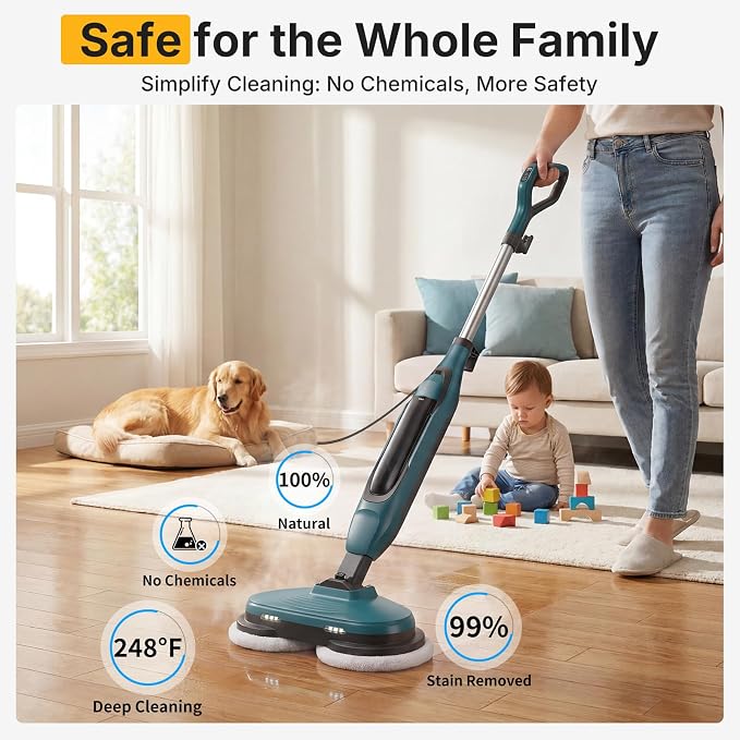 NEWBULIG Steam Mop, All-in-One Steam Mops for Floor Cleaning with Rapid Re-heat, Self-Standing Floor Steamer, 4 Rotating Scrub Pads, 2 LED Headlights, for Hardwood Floors & Tile