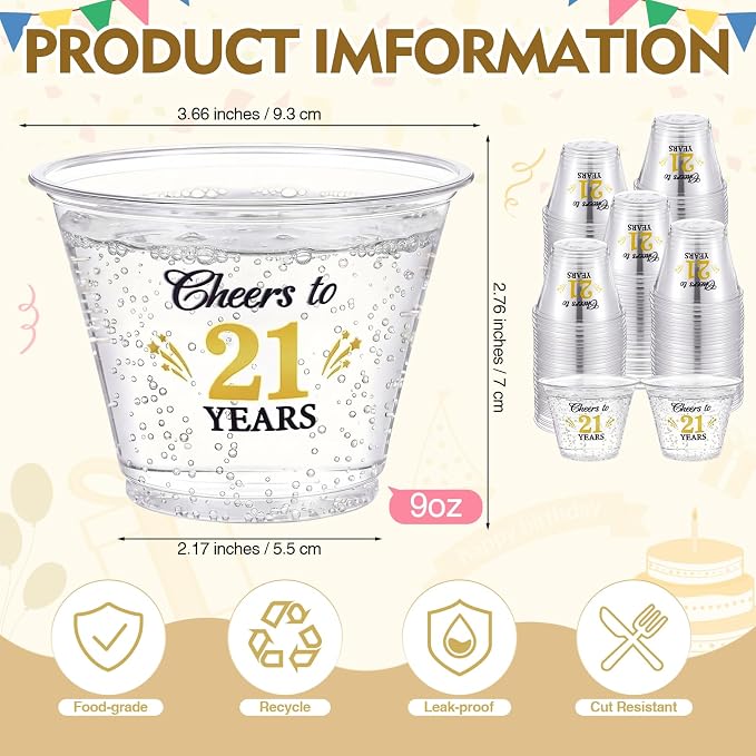 LemonRoad 100 Pack 21st Birthday Cup 9 oz Cheers to 21 Years Birthday Disposable Clear Plastic Cocktail Cups Hot Cold Beverage Drinks for Men Women Wedding Anniversary Decorations Party Favors