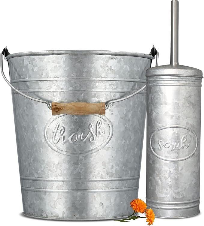 Autumn Alley Rustic Farmhouse Trash Can and Toilet Brush Holder Set - Galvanized Bathroom Trash Can with Matching Toilet Brush, Rustic Farmhouse Bathroom Decor, Grey, 2 Gal.