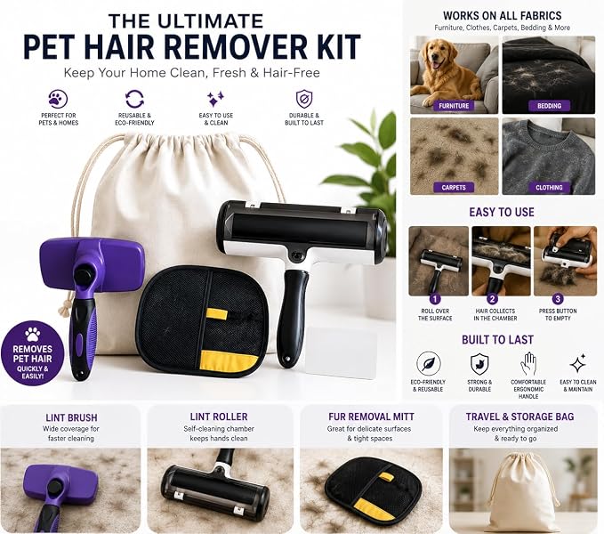 Pet Hair Remover Kit for Dogs & Cats – Reusable Lint Roller + Grooming Glove – Deshedding Tool for Furniture, Carpet & Clothes