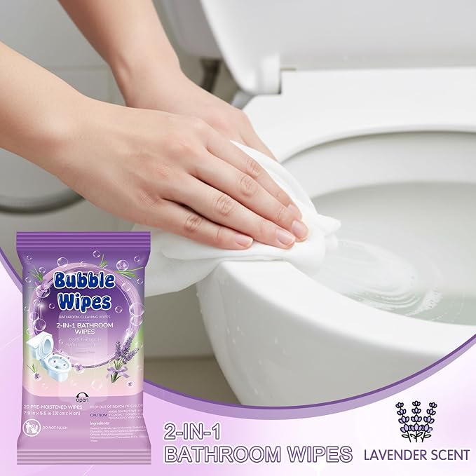 10 Pack Lavender Scent Bathroom Cleaning Wipes 200 Count 2-in-1 Wipes Cleaner for Bathroom Toilet, Sink, Tile & Shower -reusable Sealable Pouch, No Scrubbing Needed