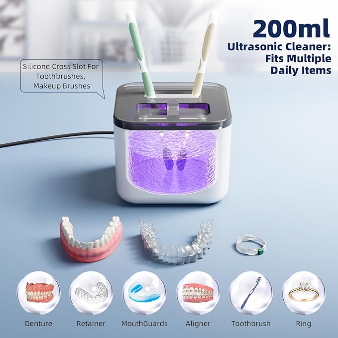 Ultrasonic Retainer Cleaner Machine, Denture Cleaner for Aligners Night Guards Braces Mouth Guards Toothbrush Heads，All-in-One Dental & Jewelry Cleaner, 45kHz 200ML, Dual Modes