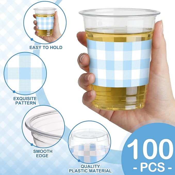 100 Pcs Blue Gingham Plastic Cups 12 oz Light Blue Checkered Plaid Disposable Plastic Drinking Cups Bulk for Baby Shower Wedding Birthday Christmas Party Decoration Supplies