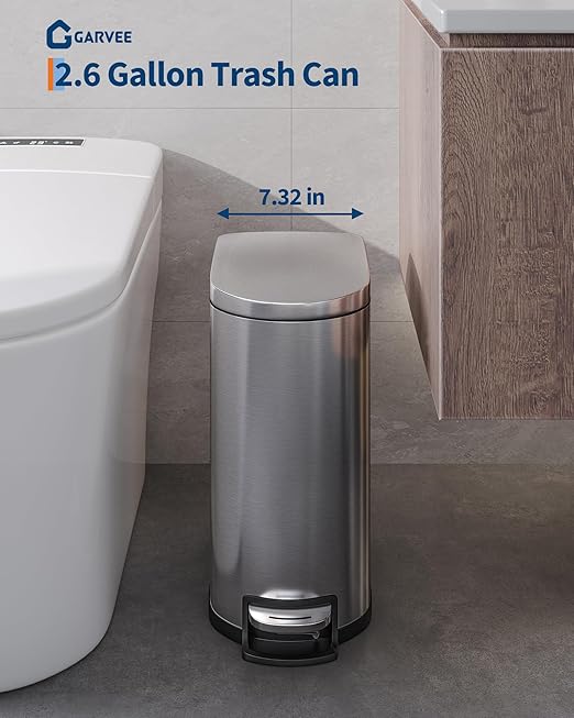 Garvee 2.6 gal / 10 L Stainless Steel Bathroom Trash Can with Lid, Slim Waterproof Garbage Can for Bedroom, Small Step-on Metal Trash Bin with Inner Bucket, Rear Handle, Soft Close Lid, Silver