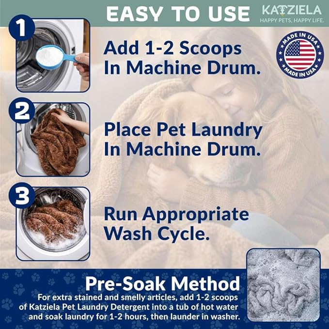 Katziela Enzyme Based Powder Laundry Detergent for Cat Pee, Deodorizer, Urine, Dogs Beds, Pee Pads, Dog Drool, Stain Eliminator 64 Loads