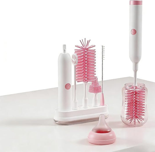 Rechargeable Electric Bottle Brush with Stand - 360° Spin Silicone Cleaner for Baby Bottles, Breast Pumps & Small Household Containers (Pink)