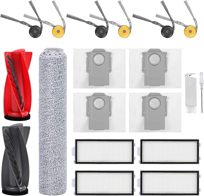Replacement Parts for Roborock Qrevo Curv 2 Flow Robot Vacuum Cleaner Accessories, 1 Main Brush, 1 Roller Mop Cloth, 4 HEPA Filters, 4 Dust Bags, 6 Side Brushes