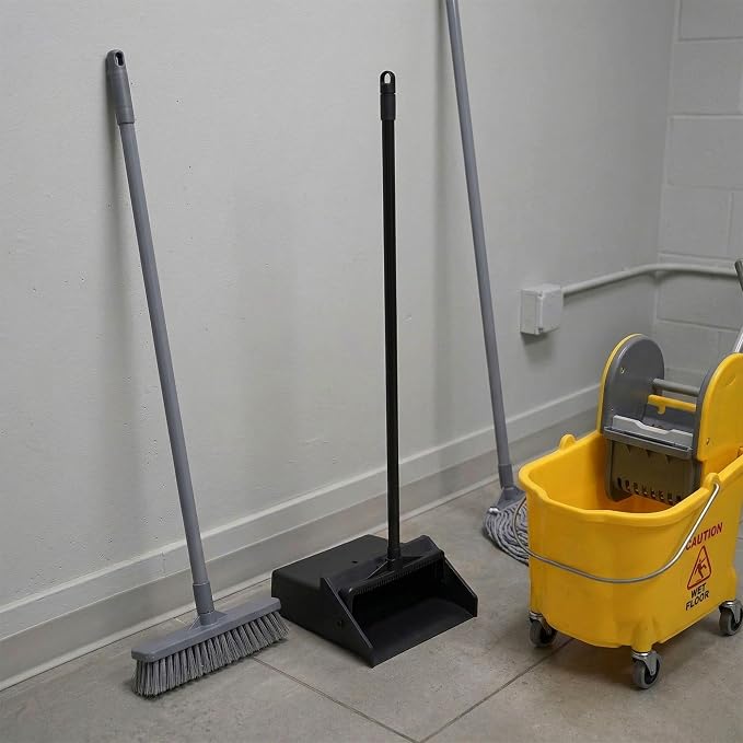 Restaurantware RW Clean 11.8 x 11 x 34 Inch Stand Up Dustpan 1 With Handle Lobby Dustpan - Broom Sold Separately With Broom Clip Black Plastic Long Handle Dust Pan Lightweight Heavy-Duty