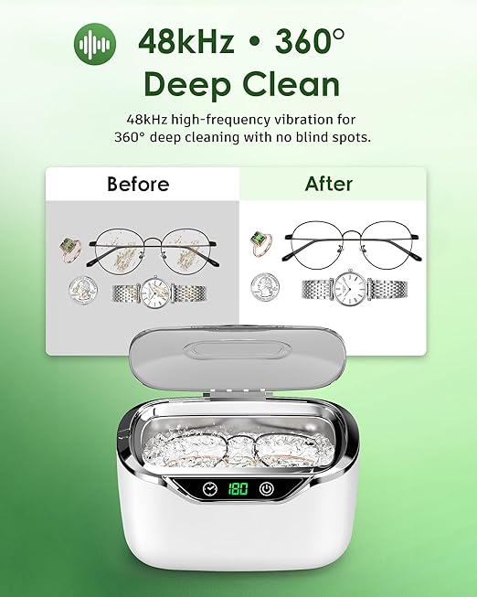 Ultrasonic Jewelry Cleaner, 24oz (700ml) Ultrasonic Cleaner with 48kHz High-Frequency, 5 Cleaning Modes, 304 Stainless Steel Tank, for Jewelry, Eyeglasses, Dentures, Coins, Watch Bands, Ring