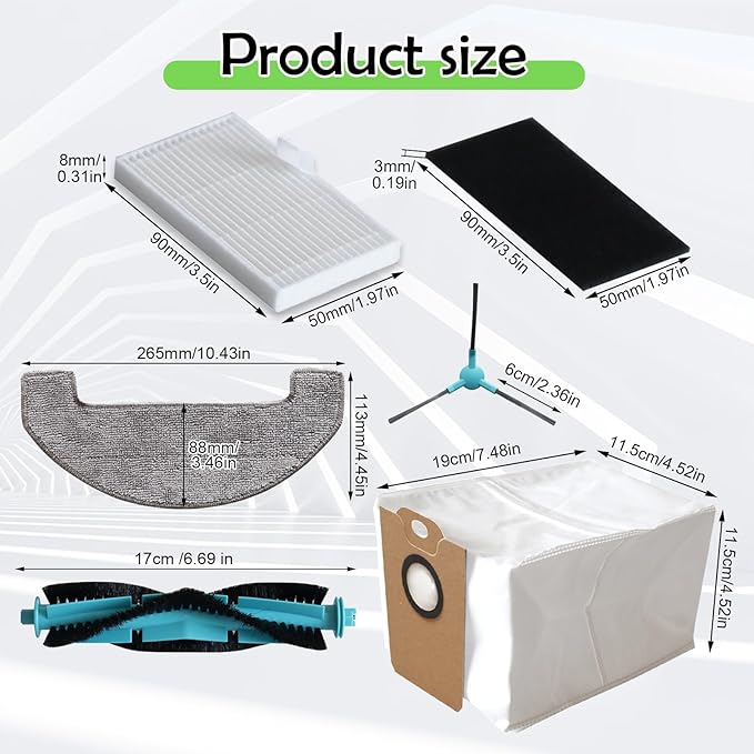 Eagles MS1 MAX Replacement Parts Compatible with MONSGA MS1 MAX Robotic Vacuum Cleaner, 1 Roller Brush, 4 HEAP Filter, 6 Microfiber Mop, 6 Dust Bags, 6 Side Brushes, 1 Clean Brush