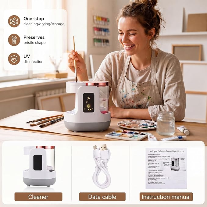 Electric Paint Brush Cleaner, Portable Paint Brush Washer with Air Dry Rack, Reusable Cleaning Container for Acrylic, Watercolor, Oil Painting, Artists, Classroom, Studio