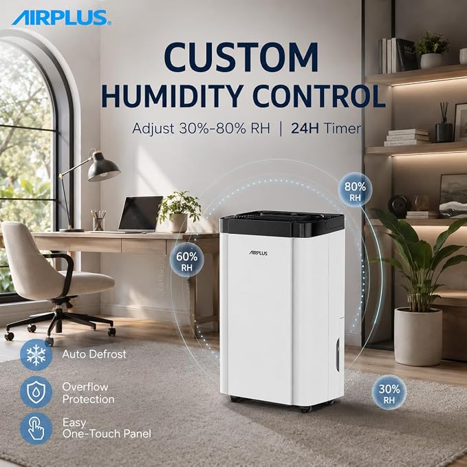 AIRPLUS 5000 Sq. Ft Dehumidifier for Home and Basement, 80 Pint Portable Dehumidifiers with Drain Hose for Large Room, Quiet Sleep Mode Dehumidifier for Bedroom, RV De humidifier for Inside Camper