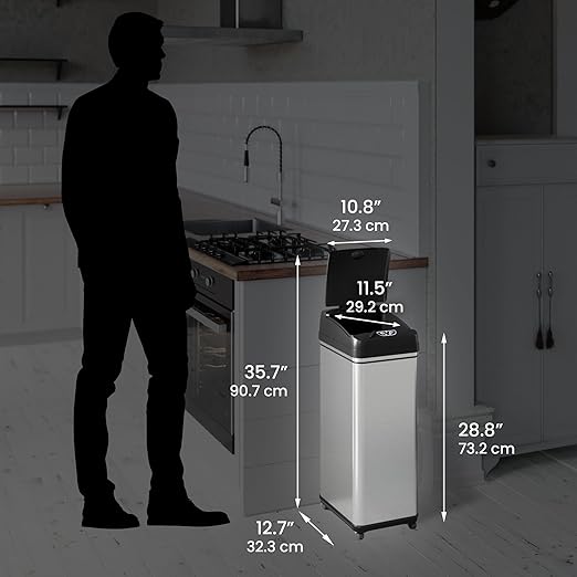 iTouchless 13 Gallon Glide Sensor Trash Can 7 Filters Odor Control System, Automatic Kitchen and Office Garbage Bin, Stainless Steel with Caster Wheels (DZM13CF06)