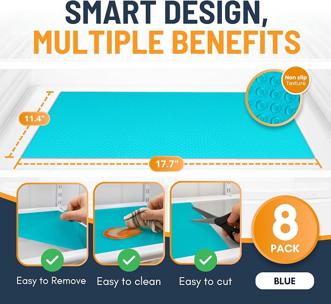 Refrigerator Liners for Shelves (8 Pack) by Linda’s Essentials - Non-Adhesive Shelf or Drawer Liner, BPA-Free Fridge Mats for Kitchen & Cabinets, Easy to Clean, Ideal Household Essentials (Blue)