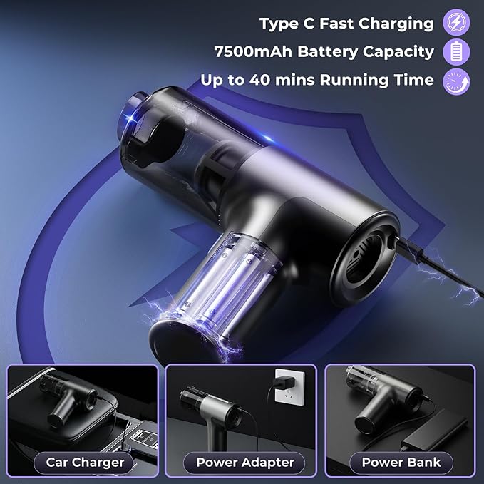 20000Pa Cordless Car Vacuum, 80,000 RPM Brushless Motor Handheld Vacuum with 7-in-1 Air Duster Blower, Portable Type-C Rechargeable Cleaning Kit for Pet Hair, Home & Office, Dark Black