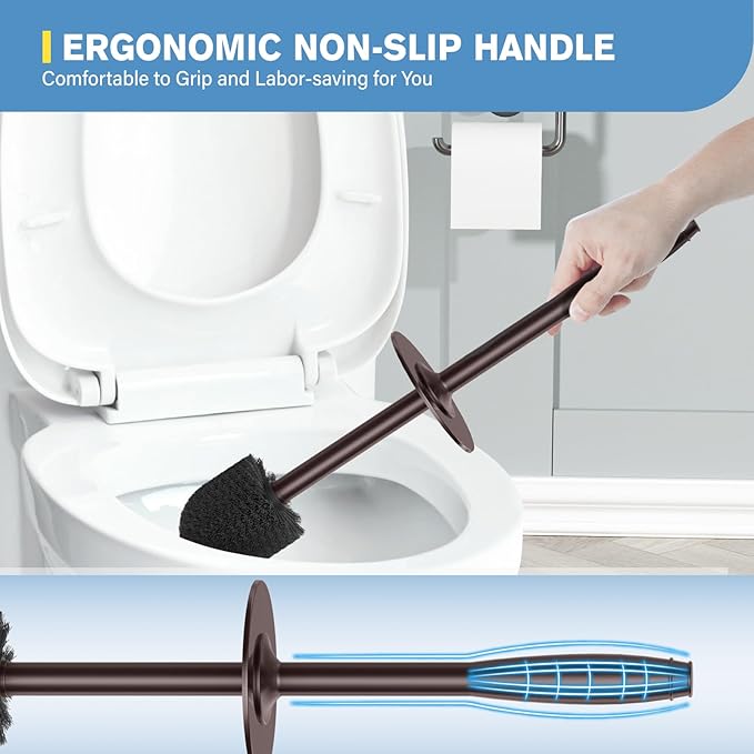 Toilet Brush, Aluminum Alloy Toilet Brush and Holder Set with Long Handle Durable Bristles Toilet Bowl Brush and Covered Holder for Toilet Scrubber for Bathroom Cleaning (2Pcs Dark Brown)