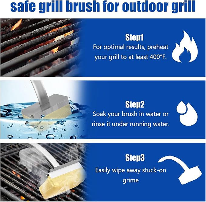 Grill Brush Bristle Free with Long Handle,Non Metal Grill Scraper for Outdoor BBQ,Stainless Steel Safe Steam Cleaner, Includes 2 Replaceable Heads for Grilling Effortless Blue