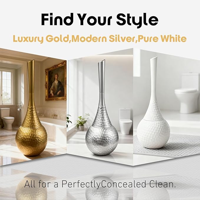 Kobizpanda Silver Toilet Brush and Holder Set, Brushed Nickel Modern Bathroom Brush with Anti-Splash Shield 360° Cleaning, ABS Plastic Rust-Proof Waterproof Toilet Bowl Cleaner for Home Spa