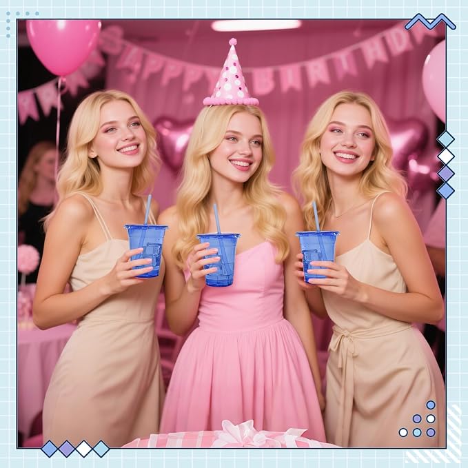 100 Set Blue Plastic Cups with Lids and Straws 12 oz Disposable Drinking Clear Cups for Wedding Blue Birthday Party Supplies