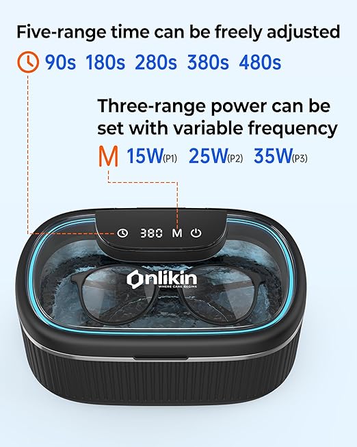 35W Ultrasonic Jewelry Cleaner, 45KHz Retainer Cleaner for Jewelry, 5 Timer & 3 Power Modes, Eyeglasses, Rings, Watch Strap, Dentures - 20oz, 304 Stainless Steel Tank, Quiet <38dB (Black)